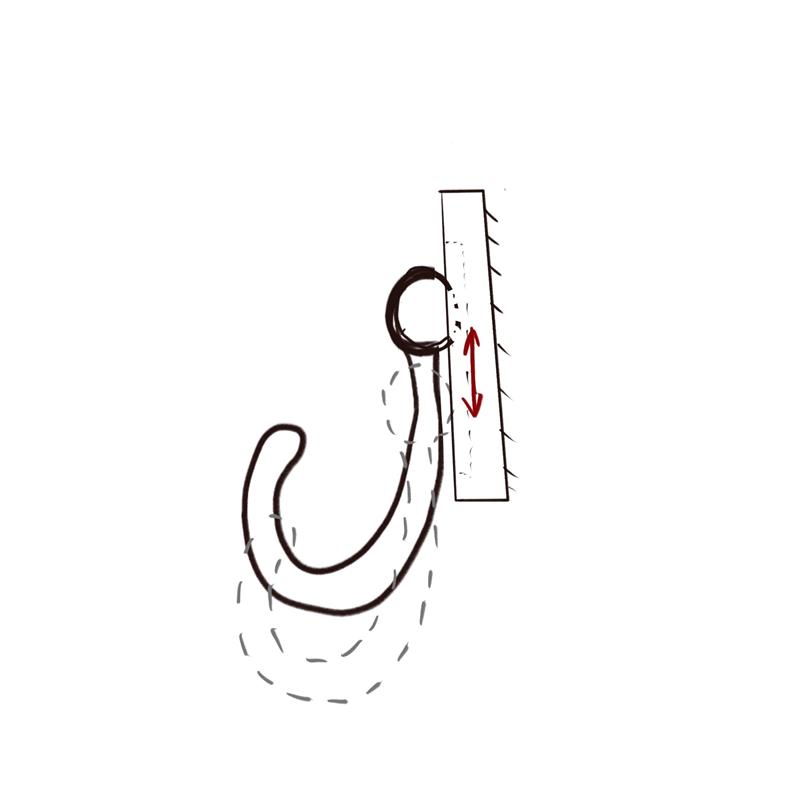 Many people often forget to take umbrellas or bring keys with them before leaving the house, and there are also many people who are not in the habit of placing their belongings in a fixed location. So it occurred to me that gravity could be utilized in combination with hooks. This is the side view of the hook. I want to make a hook that can slide up and down. When the item is hung, the hook drops down and the wire at its bottom will be connected to the circuit and the light will come on. This way, when the user goes out, the lighted LED will remind the user to take the item away.