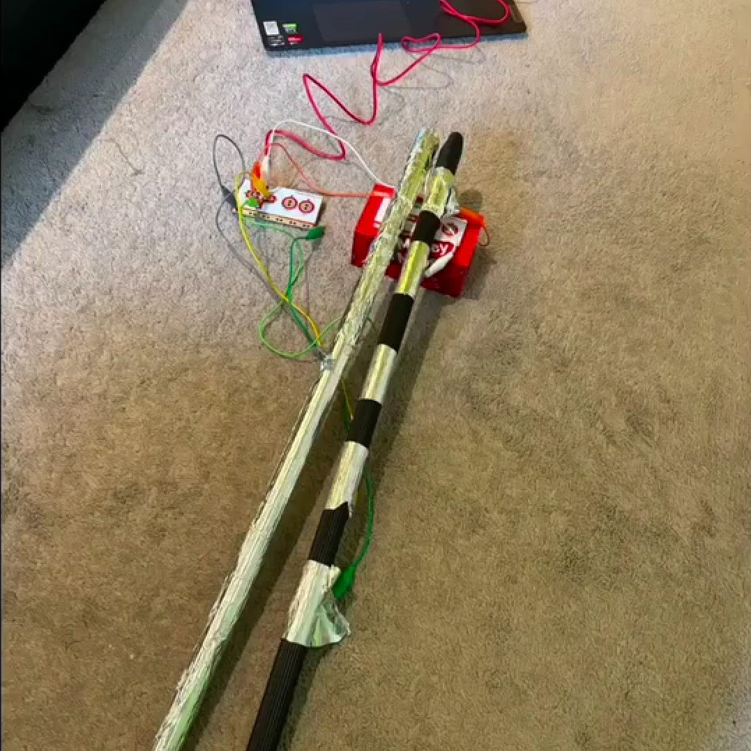 In this experiment, I wanted to use two plastic rods—one connected to the ground wire and the other to different Makey Makey keys—and made a small ball out of aluminum foil. The idea was that as the ball rolled between the two rods, it would complete the circuit and trigger different sounds. However, the experiment showed that I couldn’t control the ball very well, and the contact time between the ball and the aluminum foil was too short, often failing to trigger the sounds in time.