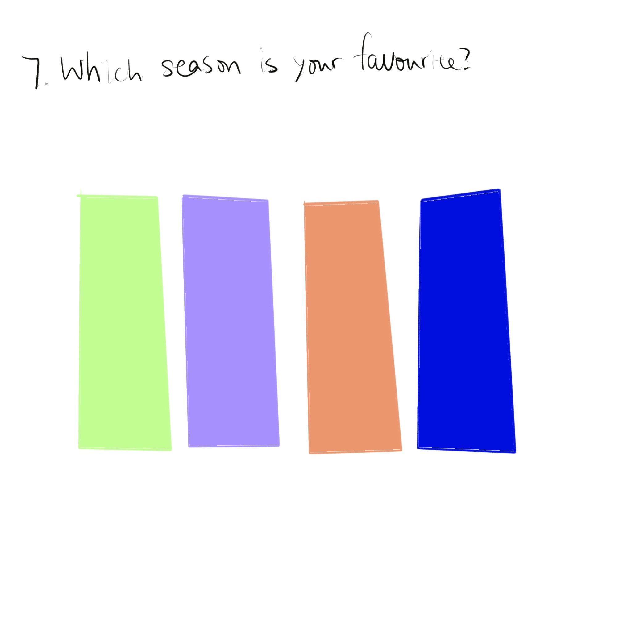 “What's your favorite season?” I use different colors to represent the seasons. Light green brings to mind everything growing in the spring, lavender is reminiscent of lavender in the summer, light orange is the color of the fall harvest, and dark blue in the winter is deep and cold.