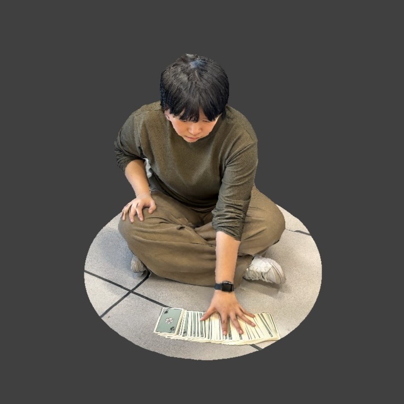 After scanning for items about traveling all failed, I tried to find other subjects to complete my selfies. I thought of my alter ego - a tarot reader as well as a lover of the Mysticism. So I tried to scan for related items and my own interactions with them. I laid the tarot cards flat on the ground and invited a friend to scan my whole body to show the action of selecting the cards.