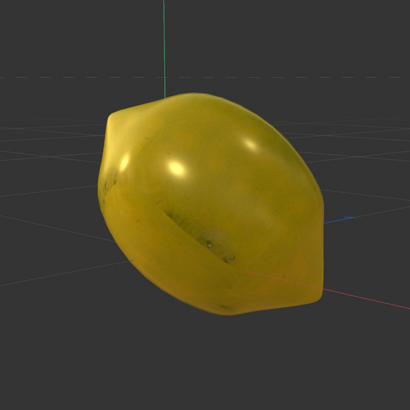 I got a model of a lemon by extruding the ends of the sphere. In this exercise, I began to experiment with using the materials in Asset Browser to apply to the model. This did create a different effect and the natural texture of the lemon's skin can be observed. However, the surface of the lemon looked too smooth, so further adjustments were needed.