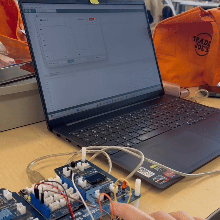 We continued the troubleshooting process. We looked up more tutorials and wrote code specifically for the light sensor. However, without the LED, it was difficult to tell whether the sensor was actually responding. Later, I discovered the Serial Plotter feature in the Arduino IDE, which shows real-time data as a graph. As shown in the image, when a hand is placed over the sensor, the line on the graph changes. This confirmed that our light sensor was also functioning correctly.
