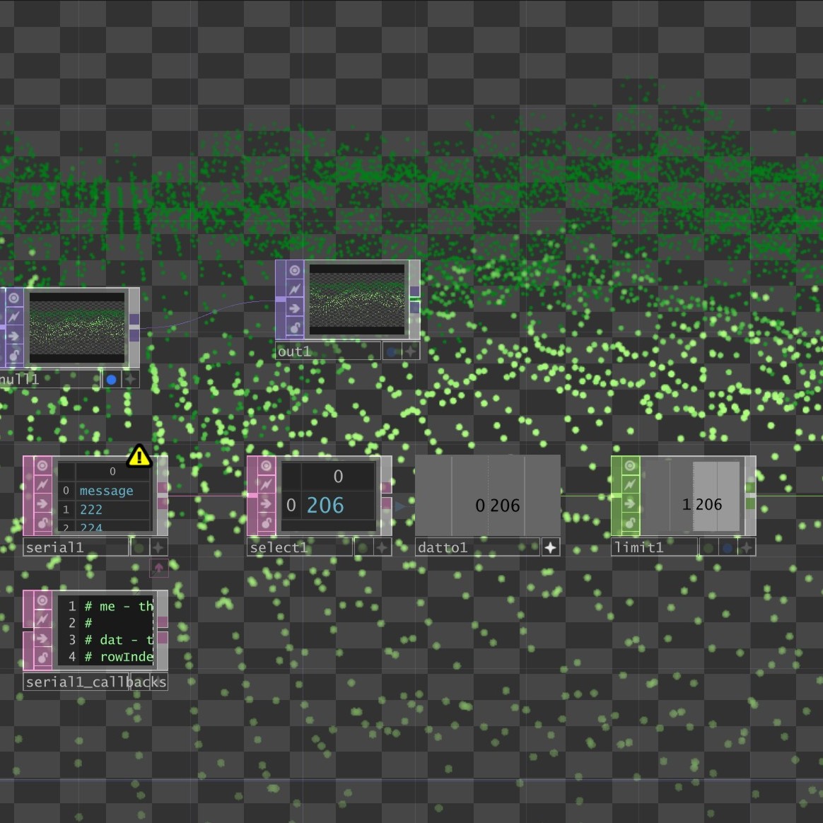 After completing the particle animation following the tutorial, we wanted to connect the light sensor to TouchDesigner. We followed another tutorial in an attempt to bring the serial data into the particle animation we had already built. However, in the final step—when TouchDesigner was supposed to read the incoming data—an error appeared. Because of this, the data-mapping part is still incomplete and will require further learning and experimentation in Project 3.
