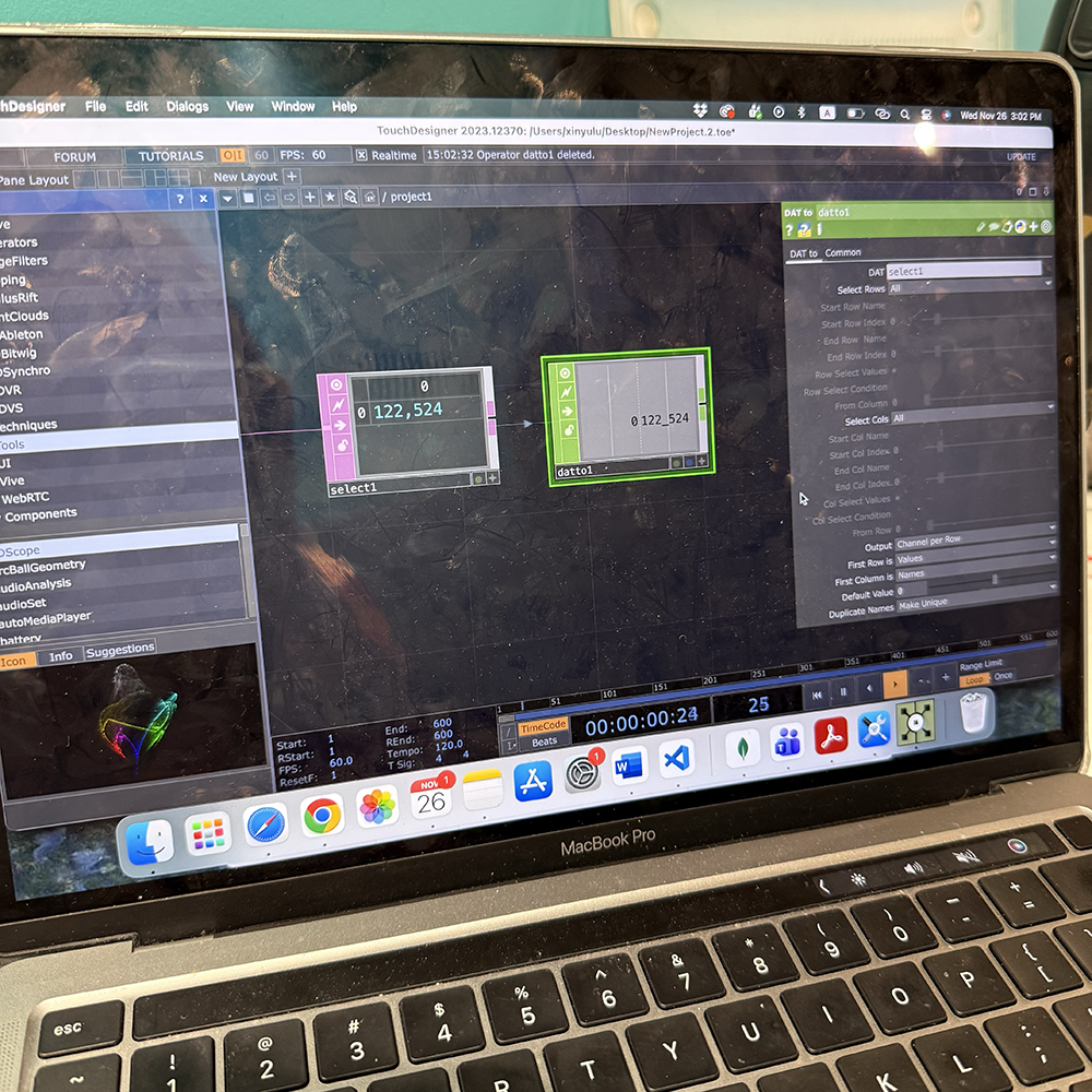 After referring to several tutorials, we learned how to connect Arduino with TouchDesigner. The main components we used were Serial and DAT to. The remaining challenge was how to separate the two data streams and assign each dataset to a different function.