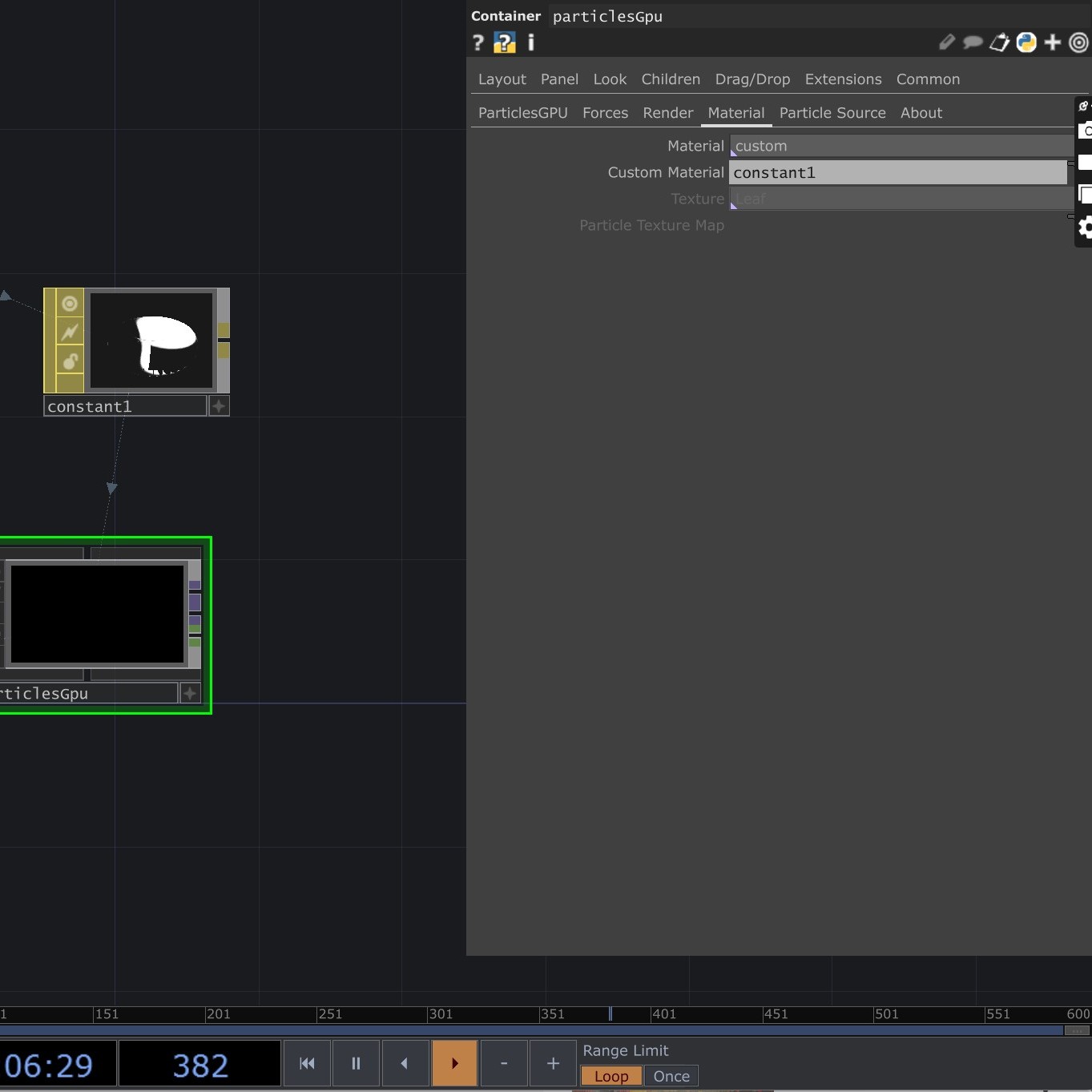 The image shows a custom material for **ParticlesGPU**. By adjusting it, we can modify the particles’ state, size, density, and other properties.