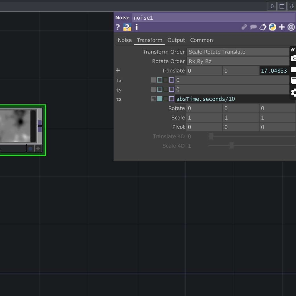 Within the **Noise** settings, we can change the speed of the noise animation by entering `absTime.seconds/10`.