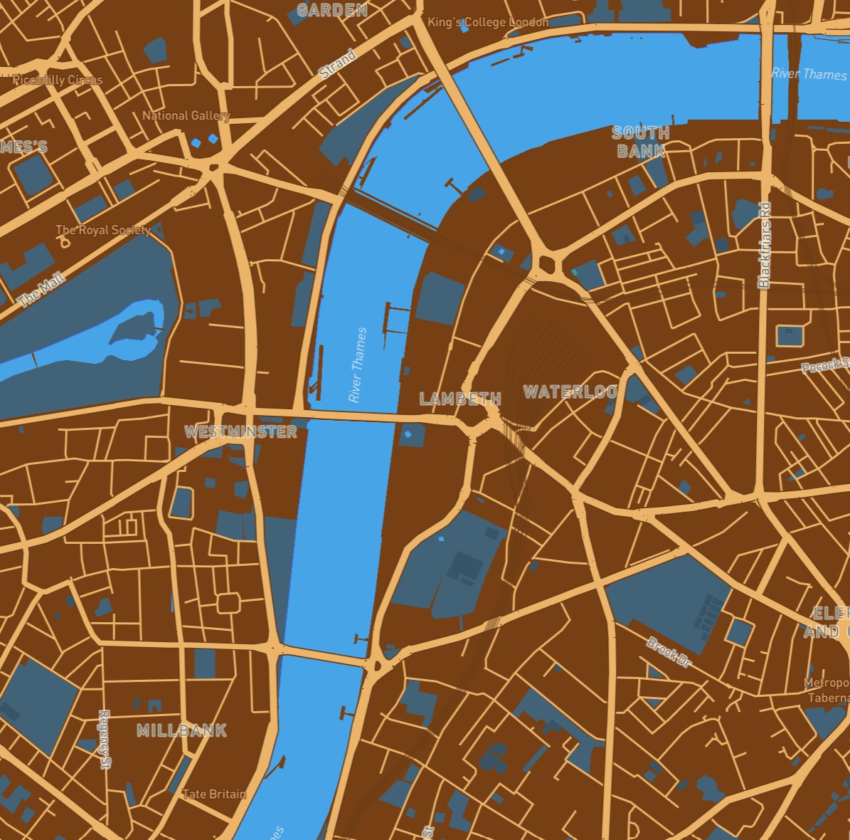 A map style designed using the colors of Big Ben as a reference. The brown color scheme of Big Ben, and the blue iron cables of London Bridge, combine these colors to evoke London and England.