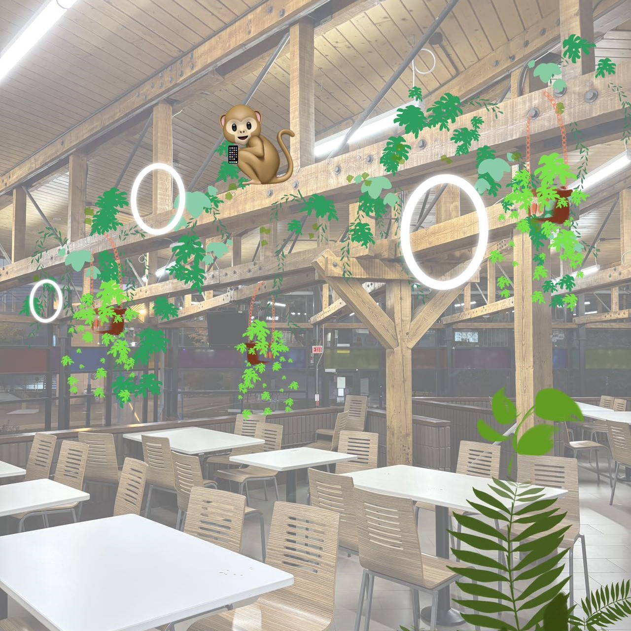 We moved on to explore more possibilities. We agreed that there was a lack of greenery in the cafeteria. As a place for people to rest, greenery can be comforting and relaxing. So we designed a rainforest concept, we added various types of plants in the cafeteria, and we also referenced the design of the real rainforest in the Amazon headquarters, adding humidifiers to create a mist of water, which can make the people using the space more relaxing, as if they are really in the nature.
